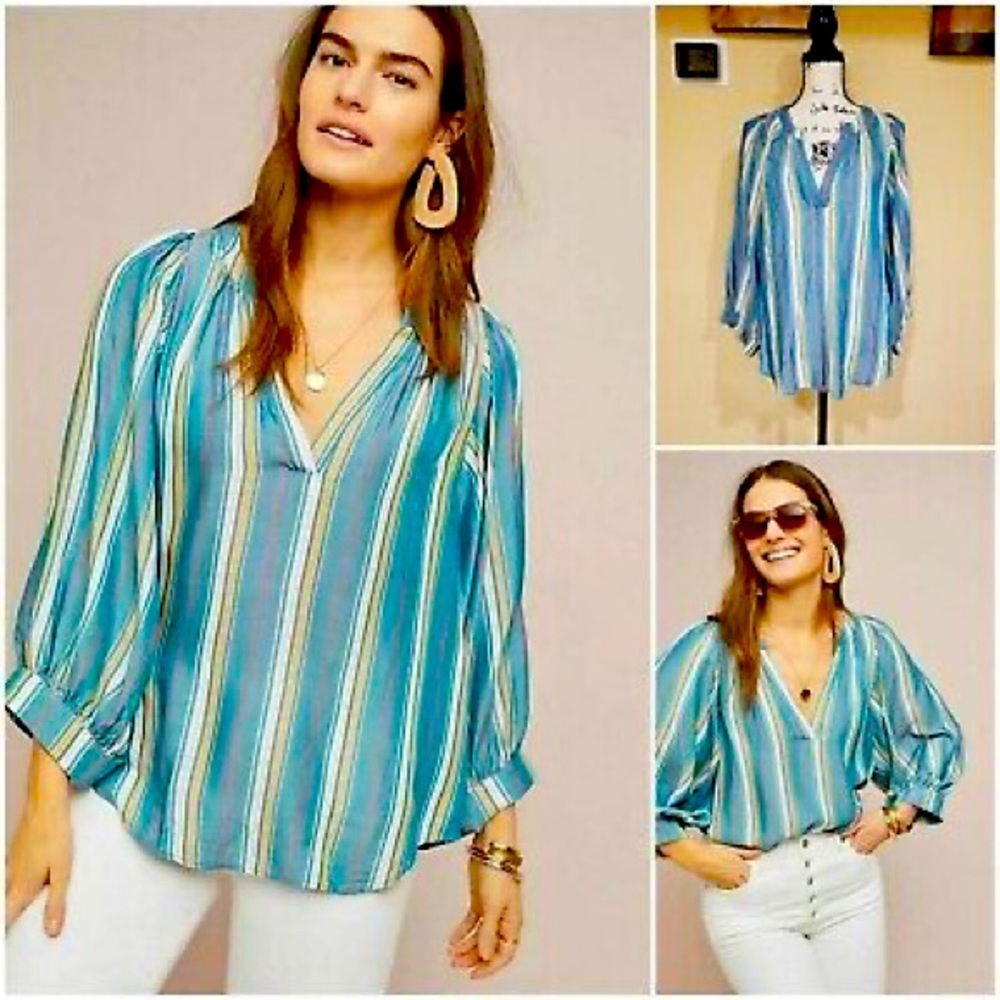 Anthropologie Blue Striped V-Neck Balloon Sleeve Blouse